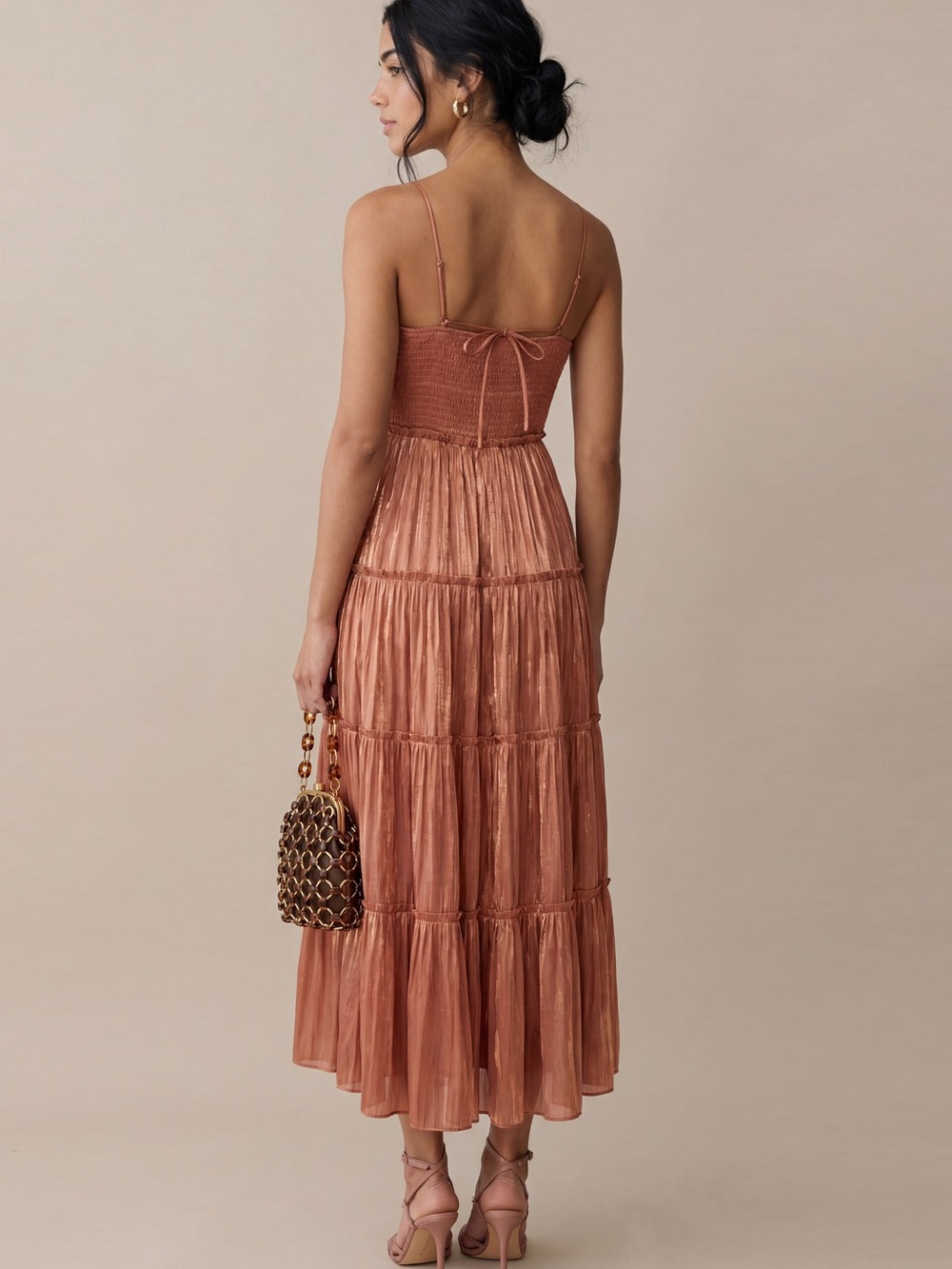 Few Moda o.p.t. East Dress Rust Halter-Tie Tiered Midi Dress - Picture 3 of 8